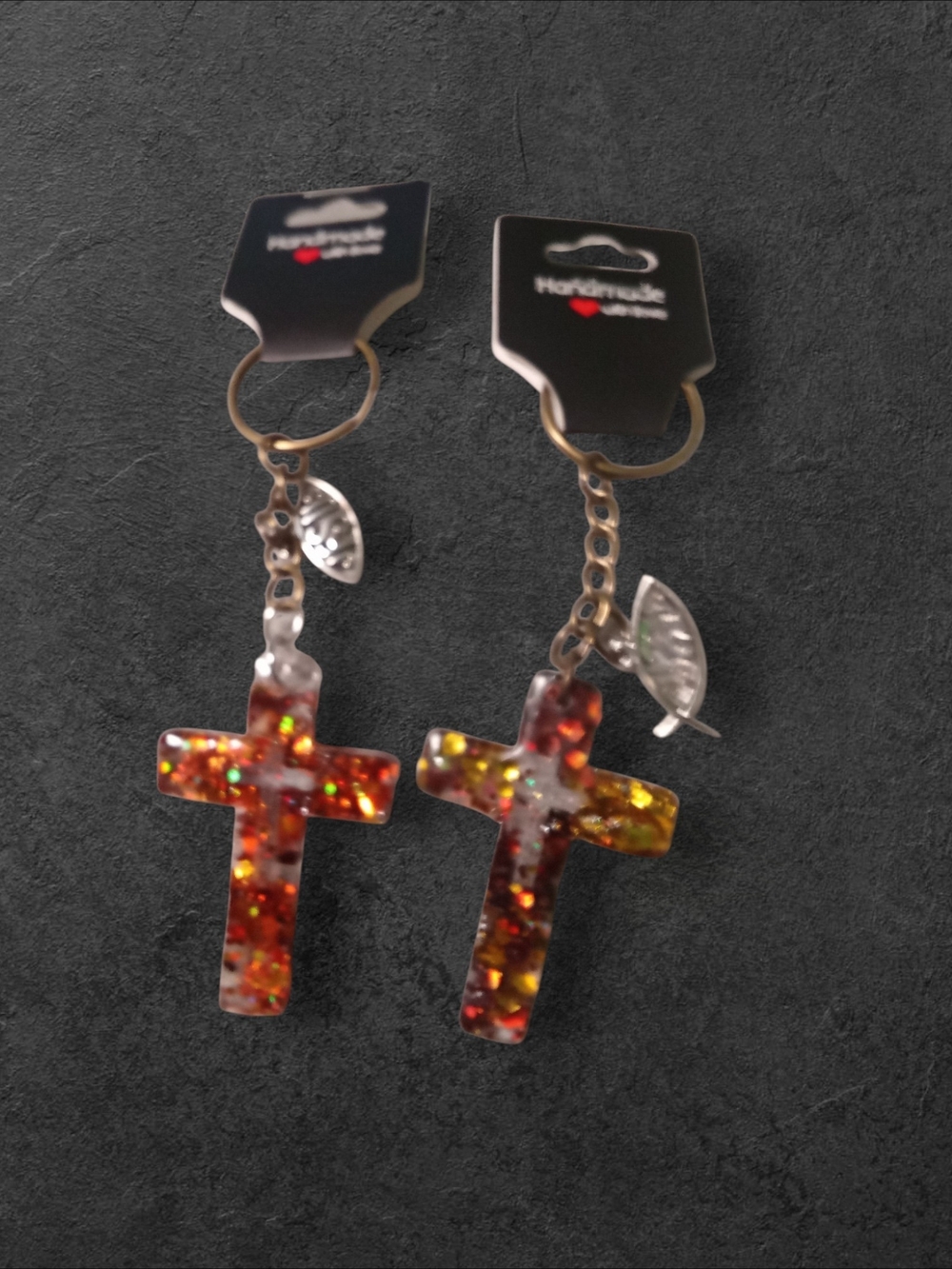 Resin Cross Keychain Pair with Leaf Charm - Sparkling Amber Tones